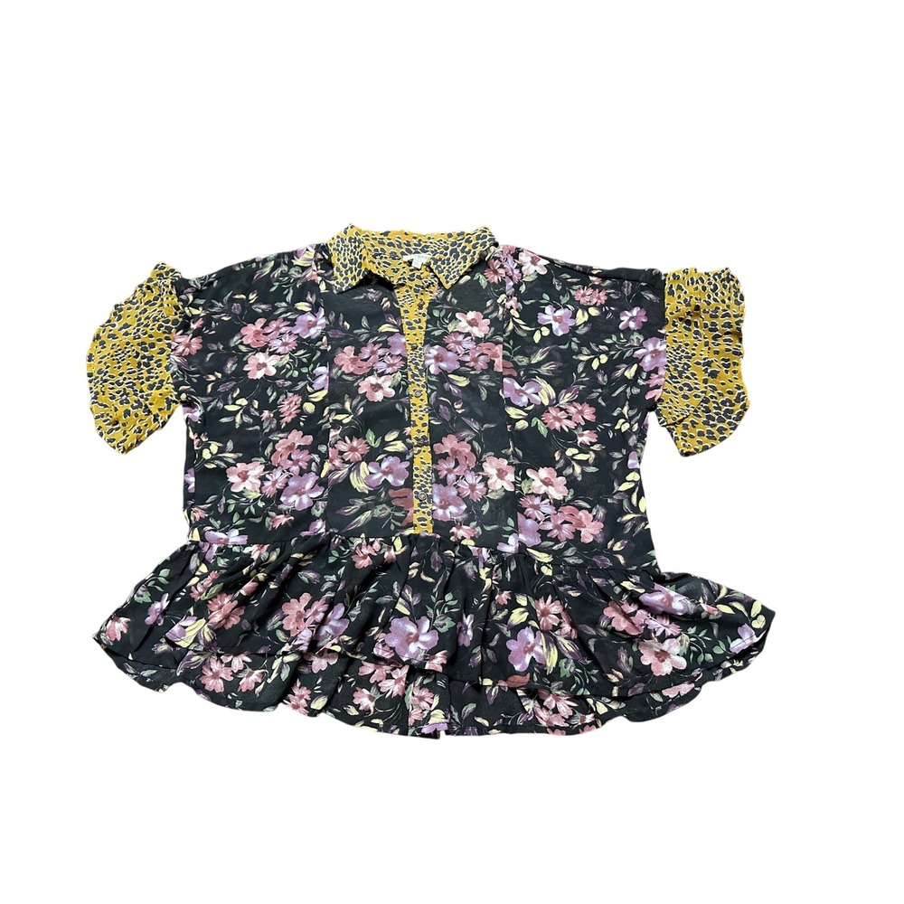 Umgee Black Floral Peplum Blouse with Yellow Leopard Trim